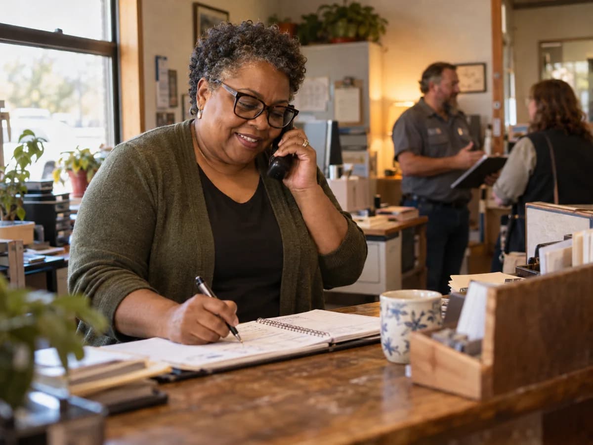 Service-business coordinator answering a customer call at the front desk