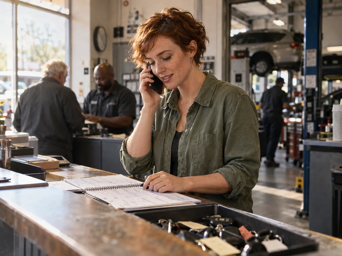 Service coordinator speaking with a caller while a colleague helps a customer