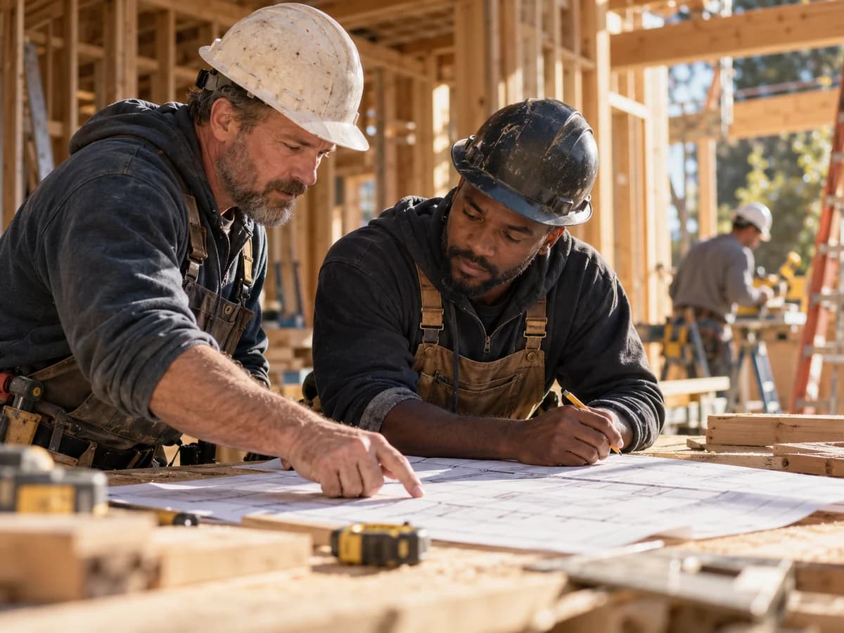 Contractors reviewing plans inside a timber-framed building