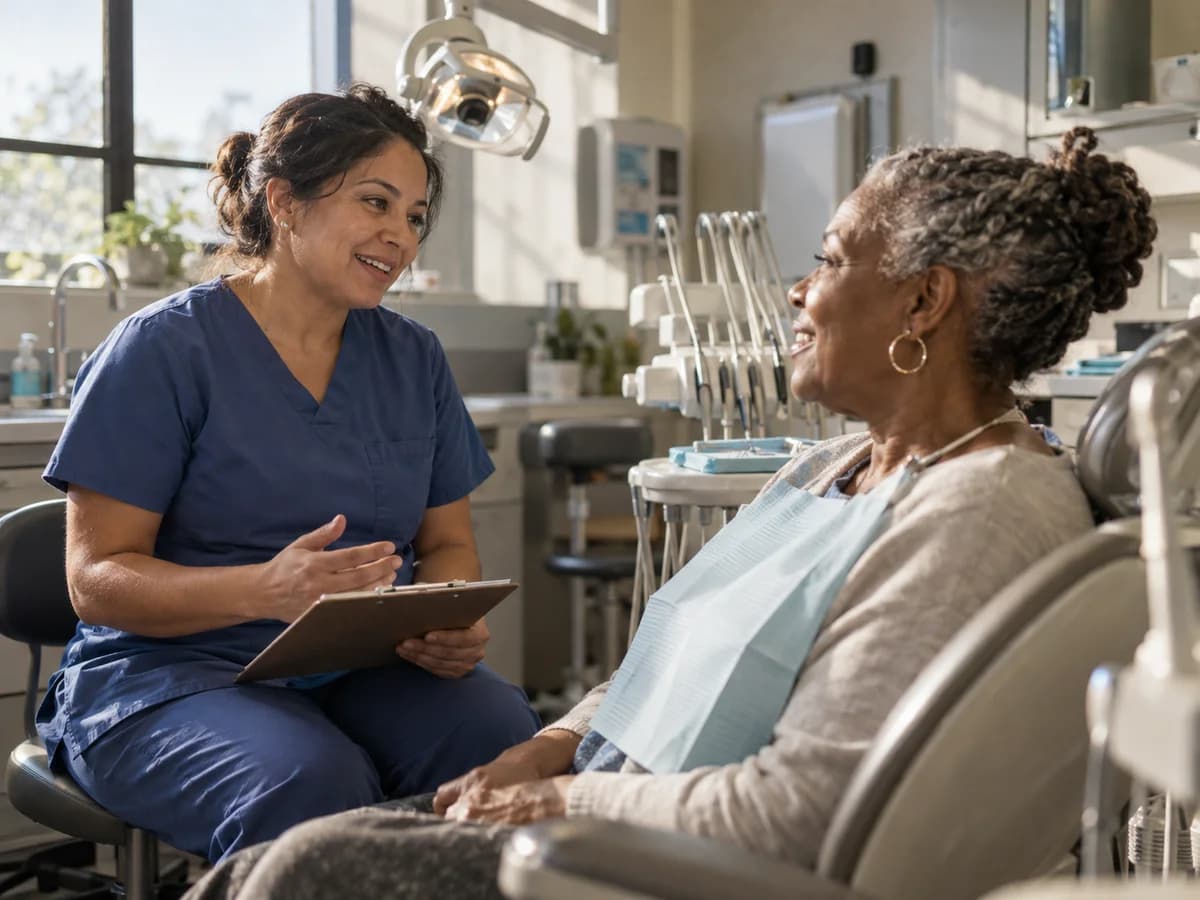 Dentist speaking with a patient in a dental chair